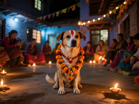 Dog adorned with marigold garlands and red tika during nighttime Kukur Tihar celebration surrounded by people and glowing candles