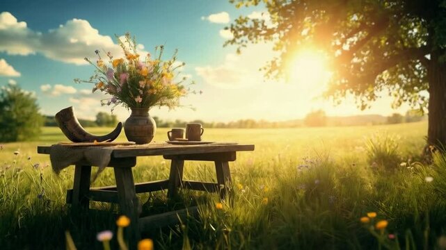 Medieval tavern keeper pouring golden mead from oak barrel to smiling customers