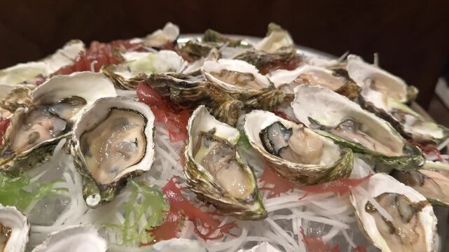 Fresh Oysters on ice with lemon, close up with knife, open french oysters. Healthy sea food. French Oyster dinner in restaurant. Gourmet food, delicatessen. Border design, Grey background.