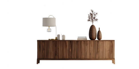 a wooden sideboard with a lamp and vase on a white background, png, transparent