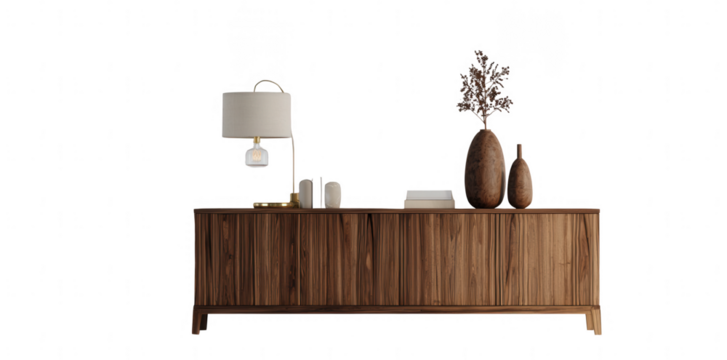 a wooden sideboard with a lamp and vase on a white background, png, transparent