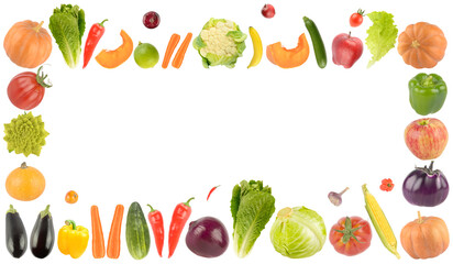 Beautiful frame of bright healthy vegetables and fruits isolated on white