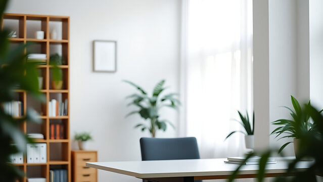 A zoom background photo of a minimalist modern office with a bookshelf and plants