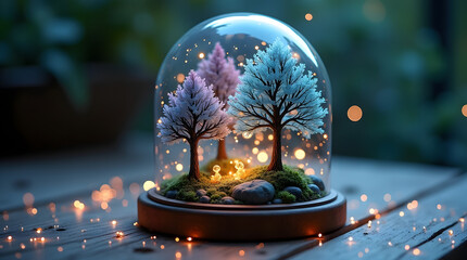 A delicate magical glass dome with an intricate pattern of swirling silver lines and a subtle sheen
