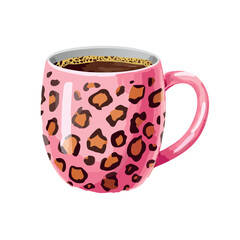 Drawn gouache art style illustration of a hot pink coffee mug embedded with a leopard pattern. clipart style, white background.