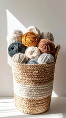 Fototapeta premium Basket Full of Colorful Yarn Balls for Knitting and Craft on a White Background