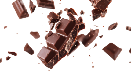 A chocolate bar is broken into pieces and scattered in the air. Concept of chaos and messiness, as the chocolate crumbs are flying everywhere
