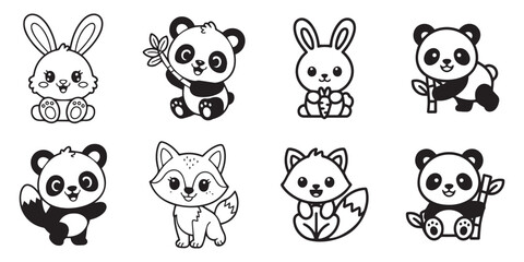 Fototapeta premium Cute Animal Clipart Set – Baby Panda, Fox, and Bunny Vector Collection for Kids & Crafts