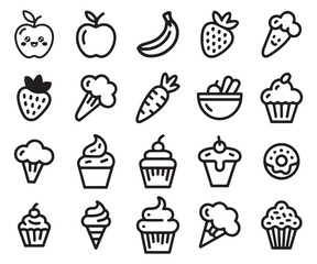 Cute Food and Dessert Line Icons – Fruits, Cupcakes, Ice Cream Vector