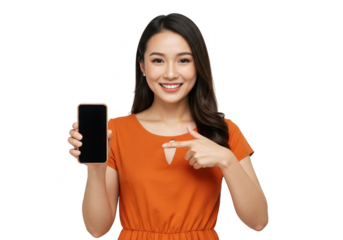 Smiling woman holding and pointing to a smartphone isolated on transparent background