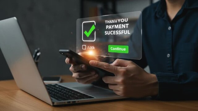 Man using phone near laptop with thank you payment successful message on screen in a modern setting
