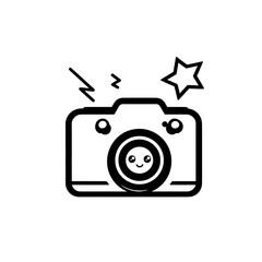 Camera icon with star-shaped eyes and a tiny flash, on white background.