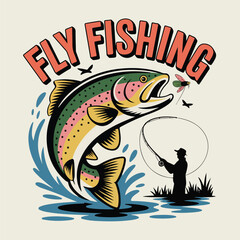 Vibrant illustration of a rainbow trout leaping from the water while a fly fisherman casts a line