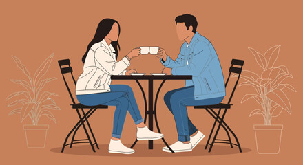 Couple Toasting Coffee At A Cafe Enjoying Casual Conversation And Relationship