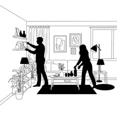 Illustration of a couple decorating living room interior design with furniture and home decor elements vector silhouette