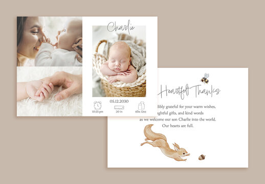 Baby newborn boy squirrel photo card with pastel thank-you design. Editable watercolor birth announcement template for printable baby stationery and personalized keepsake cards.