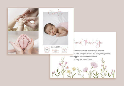 Baby newborn girl floral photo card with pastel thank-you design. Editable watercolor birth announcement template for printable baby stationery and keepsake greeting cards.
