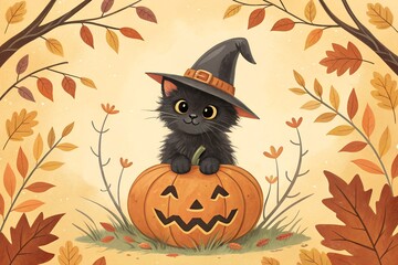Fototapeta premium Photo of a cute black kitten wearing a witch hat sits on a carved pumpkin with a spooky face, surrounded by autumn leaves and branches, embodying the spirit of halloween