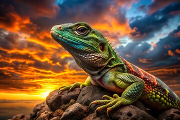 Fototapeta premium Photo of a vibrant green and red lizard rests on dark rocks against a dramatic sunset sky filled with colorful clouds, showcasing intricate scale details and warm light