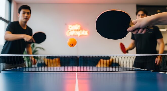 Colleagues playing table tennis in a modern office during a break.