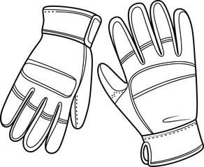 Protective Gloves Line Drawing, Reinforced Palm and Finger Design, Durable Stitching, Work or Sports Gear Illustration, Vector Sketch, Safety Accessory