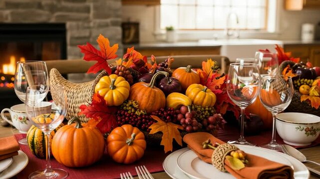 Festive Thanksgiving dinner table setting with a cornucopia centerpiece filled with pumpkins and autumn harvest. Cozy home interior with a fireplace.
