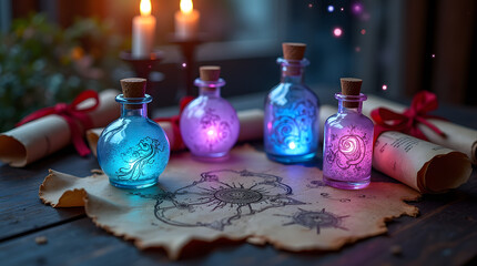 A mystical fantasy-themed setup with intricately designed glowing potion bottles in shades of blue and purple
