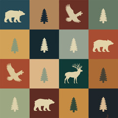 Retro woodland wildlife and forest pattern with bears eagles and deer