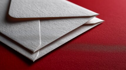 Stack of Three Textured White Envelopes on Bold Red Background – Minimalist & Crisp Correspondence Theme