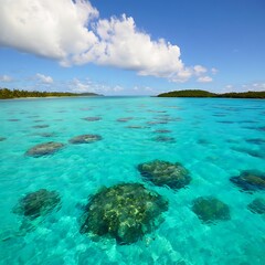 Obraz premium Crystal clear turquoise ocean water with coral reefs and blue sky
