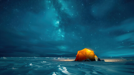 Illuminated tent under a starry night sky in a snowy landscape