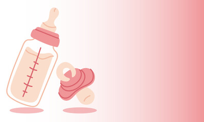Pink banner with can of milk and pacifier on gradient. glass baby bottle for a baby symbolizing a gender reveal party. color illustration. Let's find out the baby's gender. horizontal. It's a girl