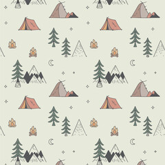 Whimsical hand drawn camping scene with mountains and tents seamless pattern