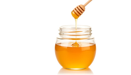 Honey jar with wooden dipper drizzling honey on white background  