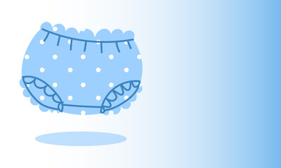 Blue gradient banner with baby panties and diapers. Blue polka-dot underwear, symbol of a boy at a gender party. Surprise for a pregnant. Let's find out the gender of the baby. It's a boy. Horizontal