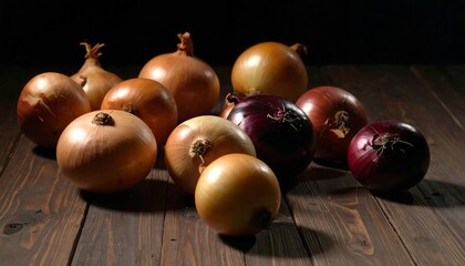 Naklejka premium Onions on a wooden surface