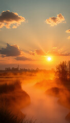 Obraz premium A breathtaking sunset casts a warm glow over a misty landscape, with a river in the foreground and a scenic silhouette of a building. The sky is painted with beautiful colors.