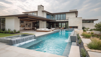 Fototapeta premium Elegant Modern Texas Villa with Infinity Pool, Lounge Beds, and Outdoor Fireplace in Luxury Minimalist Style
