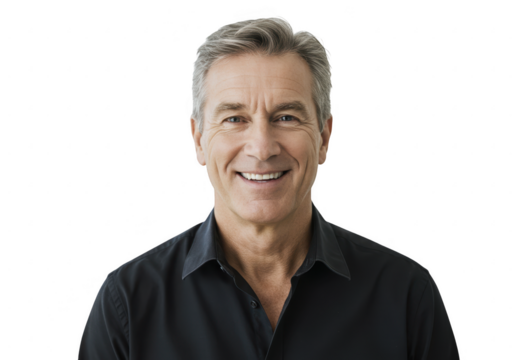 Smiling middle aged man in black shirt isolated on transparent background