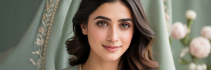 Fototapeta premium Portrait of a beautiful woman with brown hair and eyes, wearing a nose ring and light makeup look