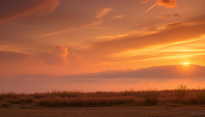 A breathtaking sunset illuminating the tranquil landscape with vibrant colors and ethereal clouds