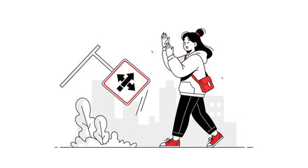 Cartoon character surprised by a falling road sign, creating a humorous situation and street hazard illustration