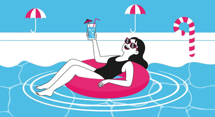 Cartoon illustration of a woman relaxing in a pool with a refreshing drink