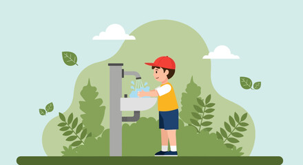 Cartoon Illustration Of A Young Boy Washing Hands Outdoors Prevention Campaign