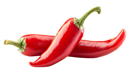 Two red peppers are laying on a white background. The peppers are large and have a sharp point at the top