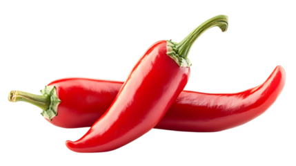 Two red peppers are laying on a white background. The peppers are large and have a sharp point at the top