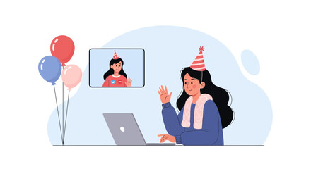 Celebrating a Birthday virtually with a friend using a video call on laptop