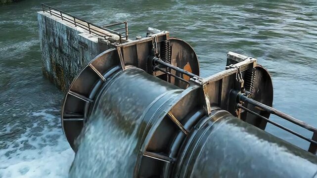 Water flowing through sluice gate of dam, regulating water level in river