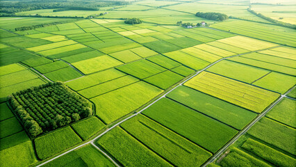 Aerial View of Green Agricultural Fields with Patchwork Landscape