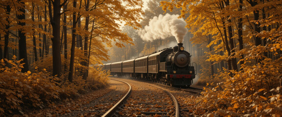 Steam train journey through autumn forests scenic railway nature photography vibrant foliage vintage charm